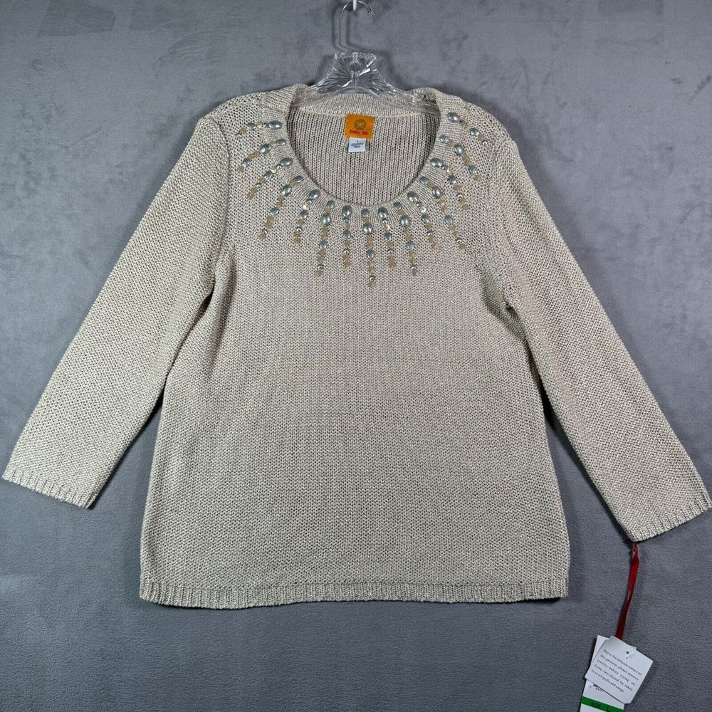 Ruby Rd. Womens Sweater L Beige Metallic Embellished Sequin Long Sleeve Knit NEW